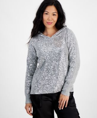 I.N.C. International Concepts - Petite Sequined Ribbed Hooded Sweater