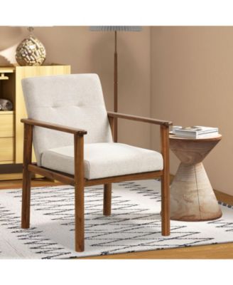 Modern Accent Linen Fabric Armchair with Solid Wood Legs and Soft Cushioned Seat
