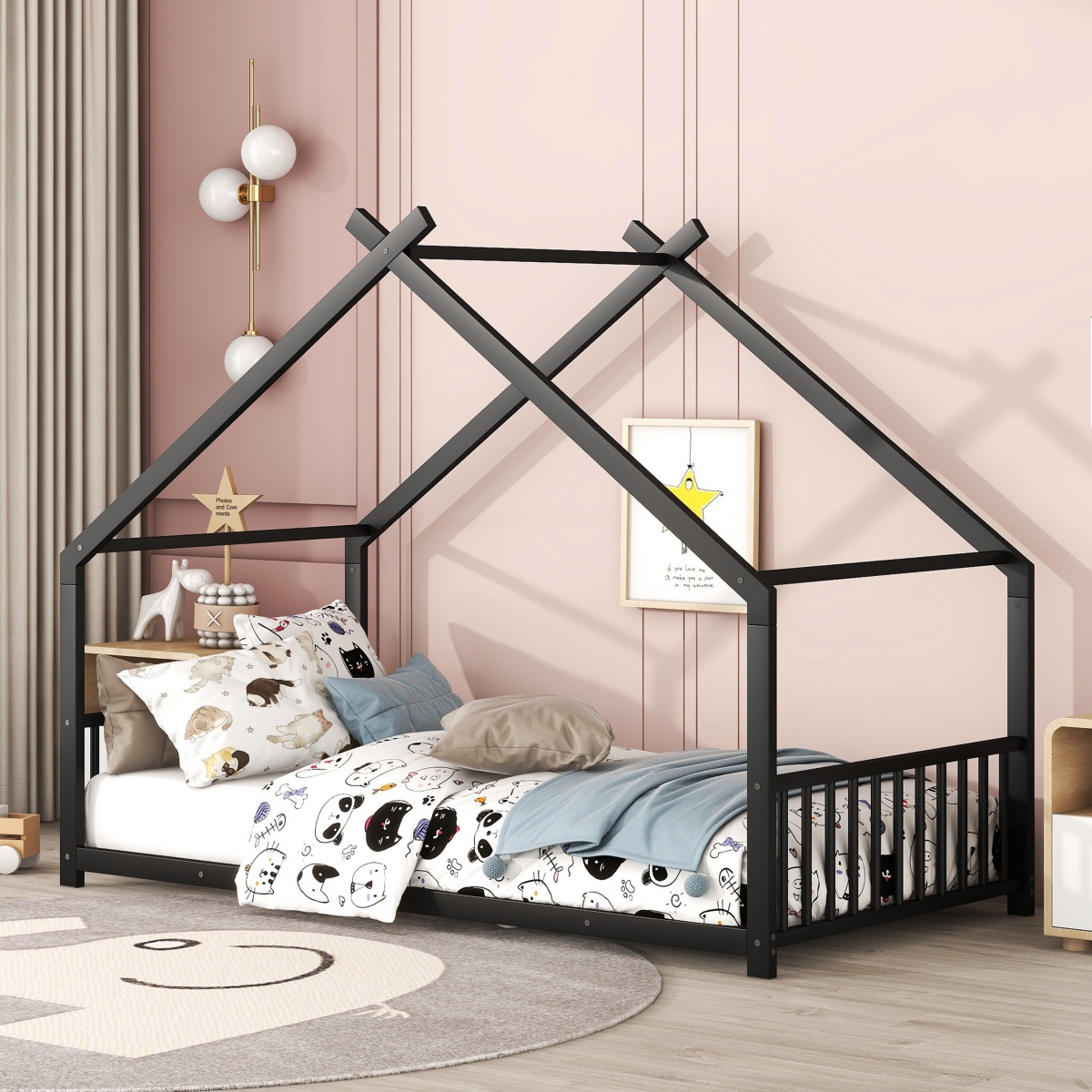 Streamdale Twin Metal House Bed, Black