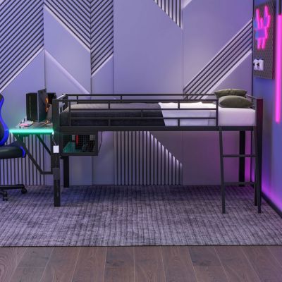 Twin Gaming mid loft bed with desk, LED