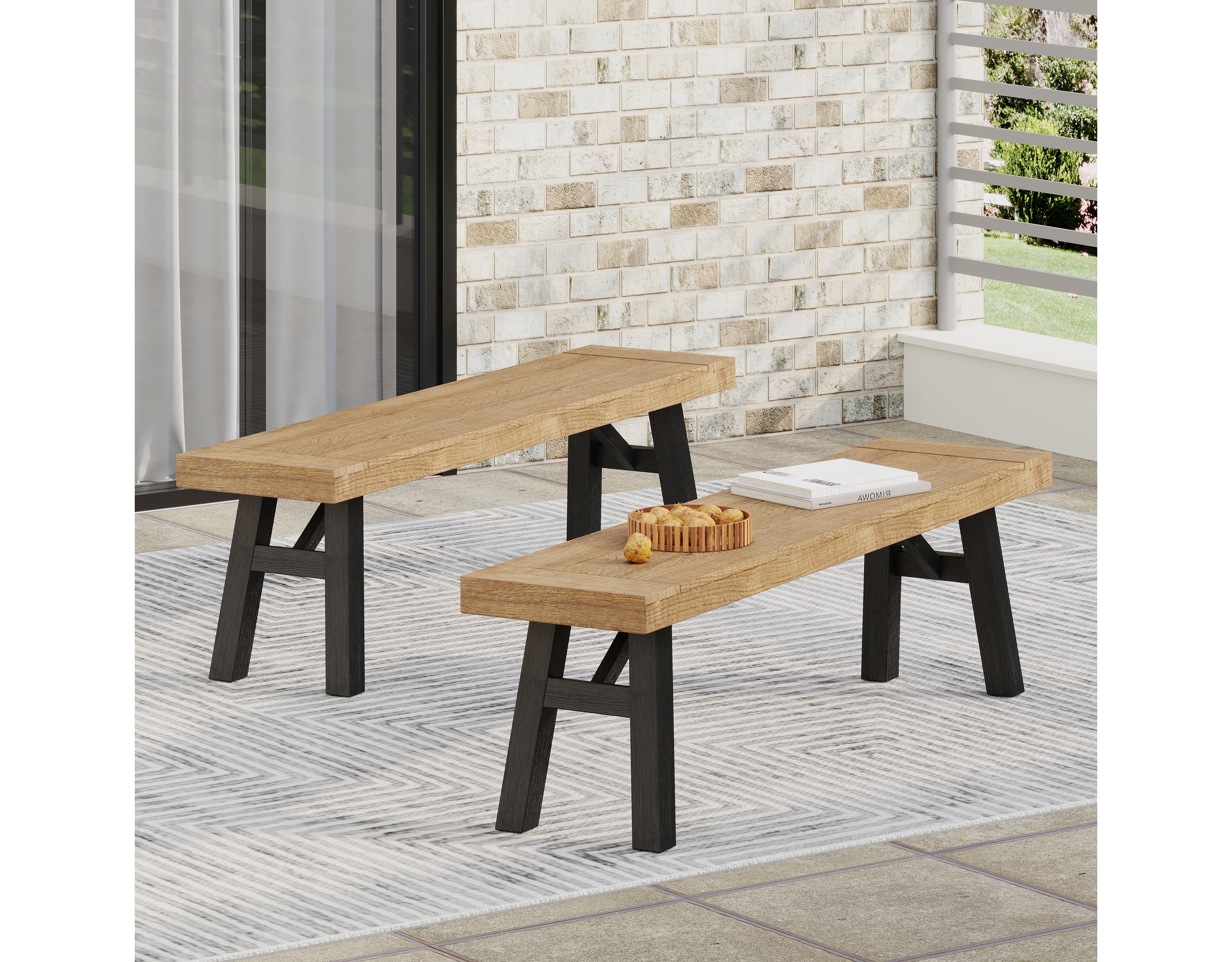 Simplie Fun Rustic Acacia Wood Bench Set with Slat Design and Two-Toned Finish