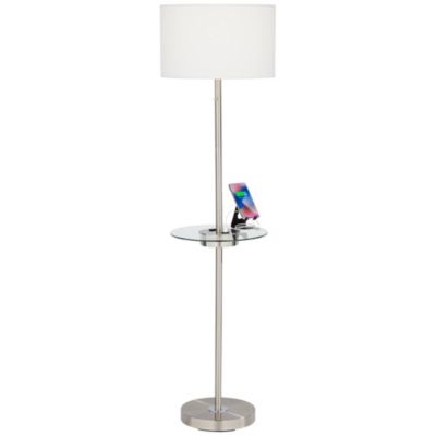 Caper Modern Floor Lamp with Tray Table 60 1/2" Tall Brushed Nickel USB and AC Power Outlet Off White Fabric Drum Shade for Living Room