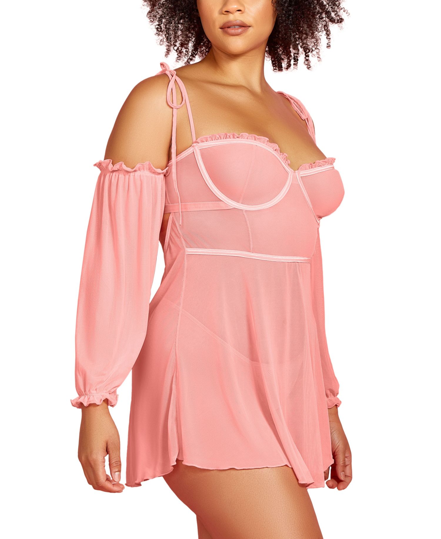 Plus Size 2-Piece Babydoll Lingerie Set in Sheer Soft Mesh and Attached off the Shoulder Sleeves