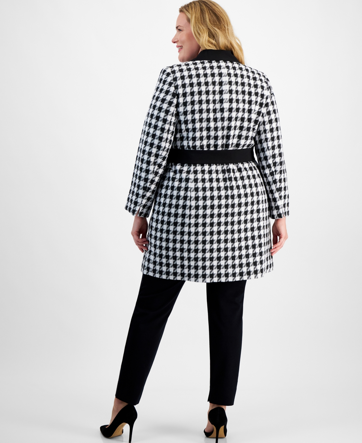 Le Suit Plus Size Houndstooth Belted Pantsuit -White