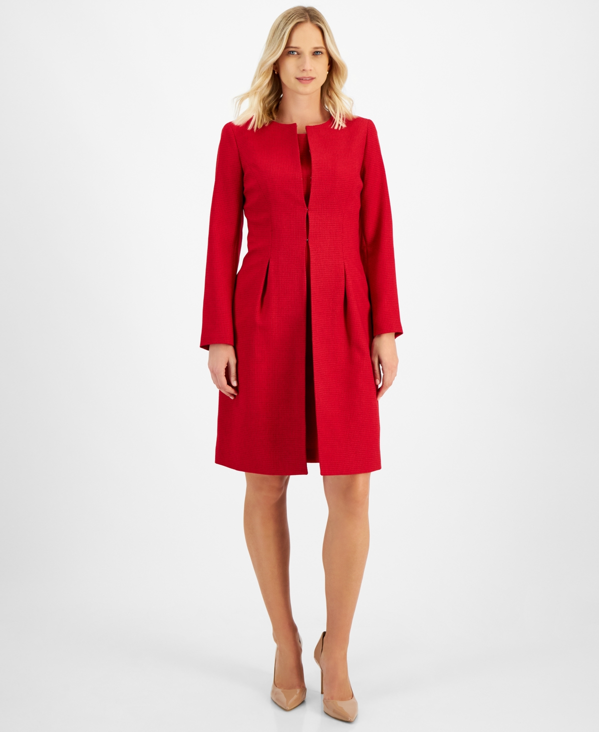 Women's Long Collarless Jacket Dress Suit, Regular & Petite - Bordeaux/Black