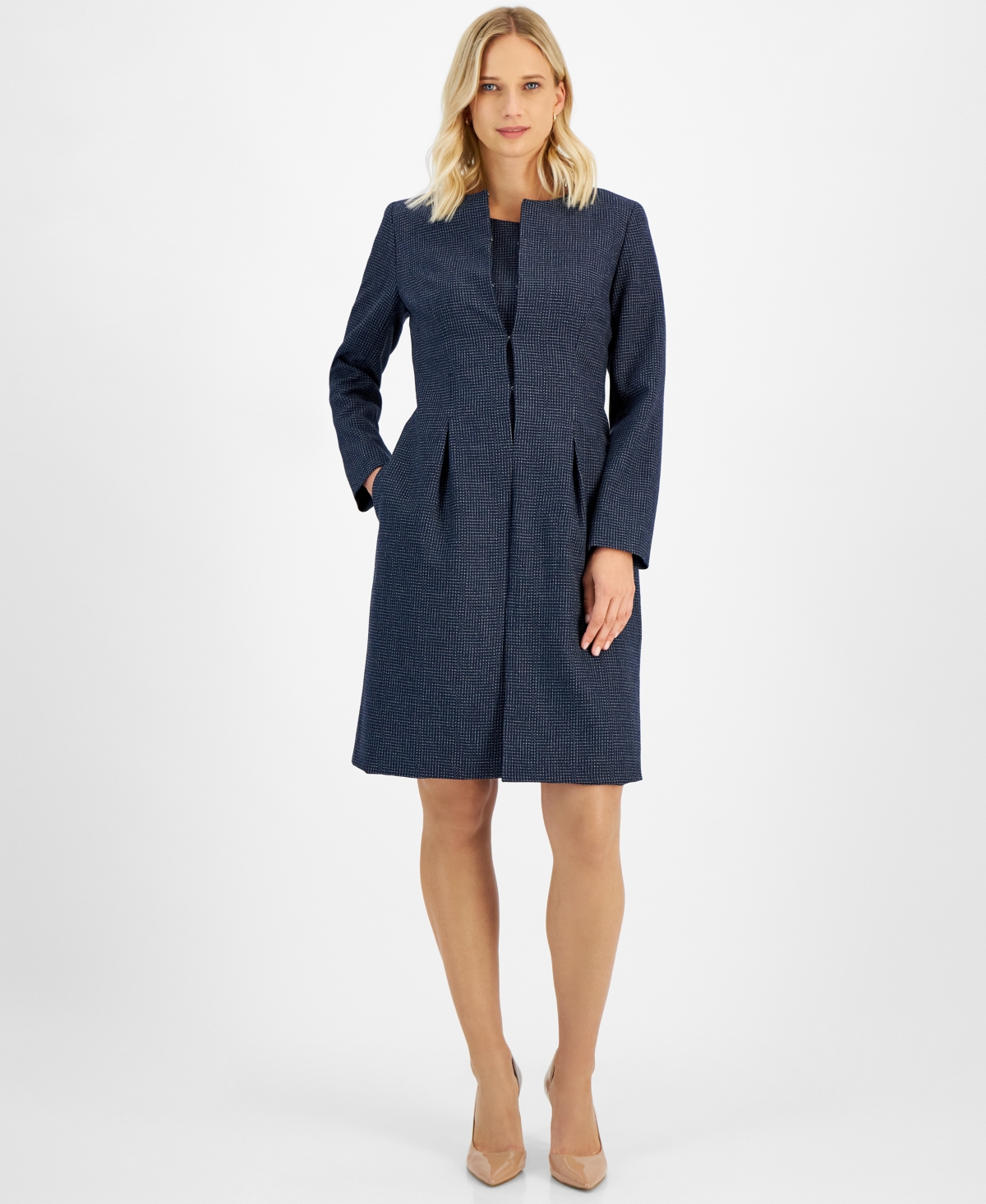Women's Long Collarless Jacket Dress Suit, Regular & Petite - Bordeaux/Black