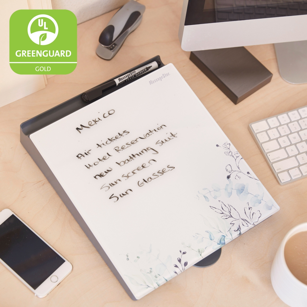 Dry-Erase Glass Board Memo Station, Desk Organizer