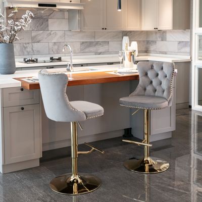 Streamdale Set of 2 Gray Velvet Bar Stools, Adjustable Height