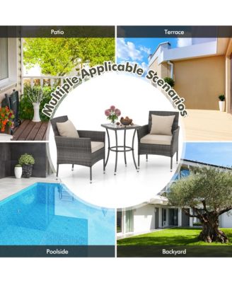 3-Piece Patio Furniture Set PE Wicker Conversation Bistro Set w/ A Tempered Glass Table