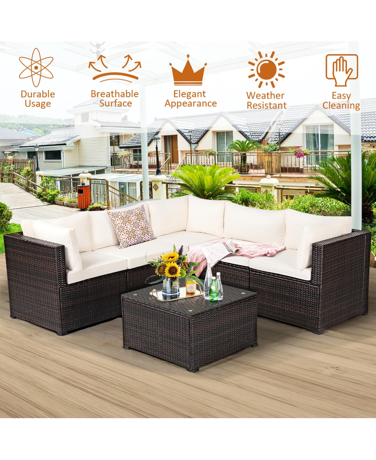 Costway 6PCS Patio Rattan Furniture Set Sectional Cushioned Sofa Deck