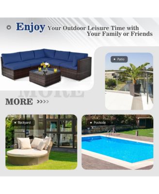 6PCS Patio Rattan Furniture Set Cushioned Sofa Coffee Table Garden