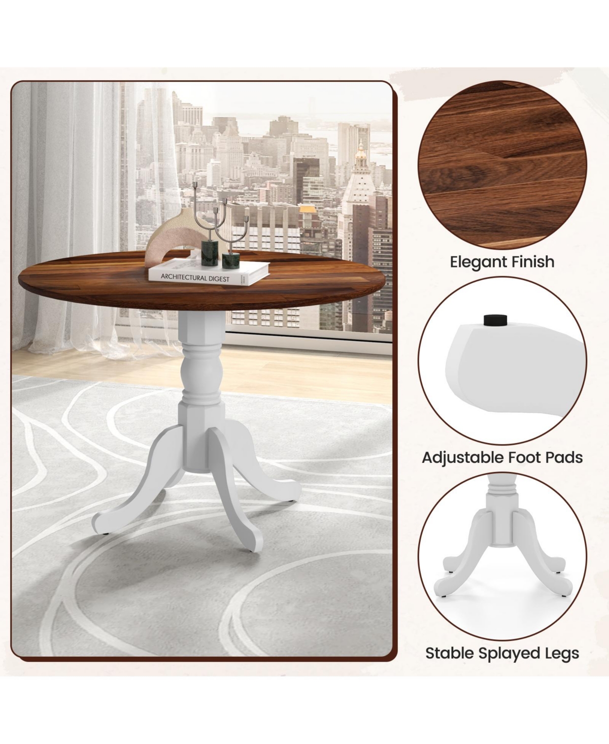 Slickblue Wooden Dining Table with Round Tabletop and Curved Trestle Legs - Walnut and White