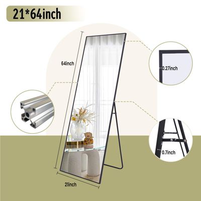 Black 64"x21" Full-Length Rectangle Nano Glass Mirror, Standing or Wall-Mounted