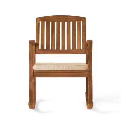 Acacia Wood Rocking Chair with Weather-Resistant Cushions and Slat Panel Design