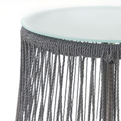 Boho-Chic Glass-Top End Table with Woven Rope Texture
