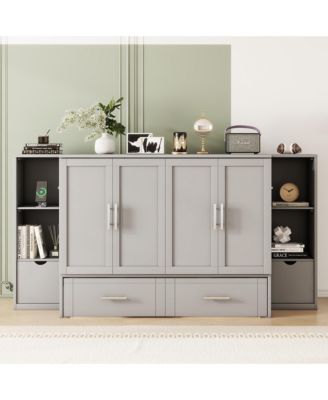 Streamdale Full Size Murphy Bed with Shelves, Drawers and USB Ports, Gray