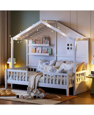 Streamdale Twin House Bed with Shelves, Window, and Lights