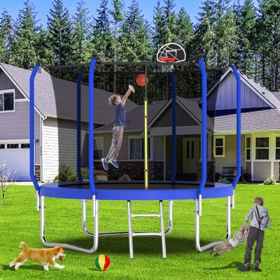 10FT Blue Trampoline with Safety Net, Basketball Hoop & Ladder