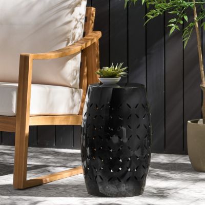 Streamdale Black Barrel-Shaped Lace-Cut Side Table for Patio or Garden