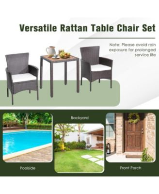 3 Pieces Patio Wicker Furniture Set wih Acacia Wood Table Top and Chair Cushiones