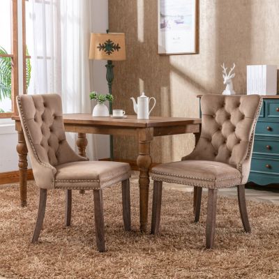 Streamdale 2 Pieces Set, Khaki Velvet Dining Chairs With Wood Legs