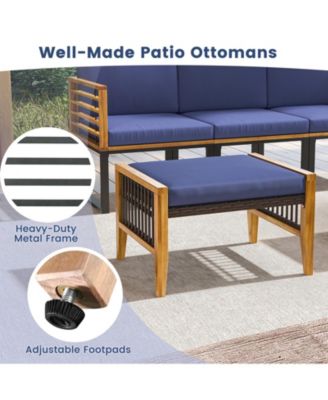 Patio Acacia Wood Ottomans with Cushions and Versatile Rattan Woven Footstools