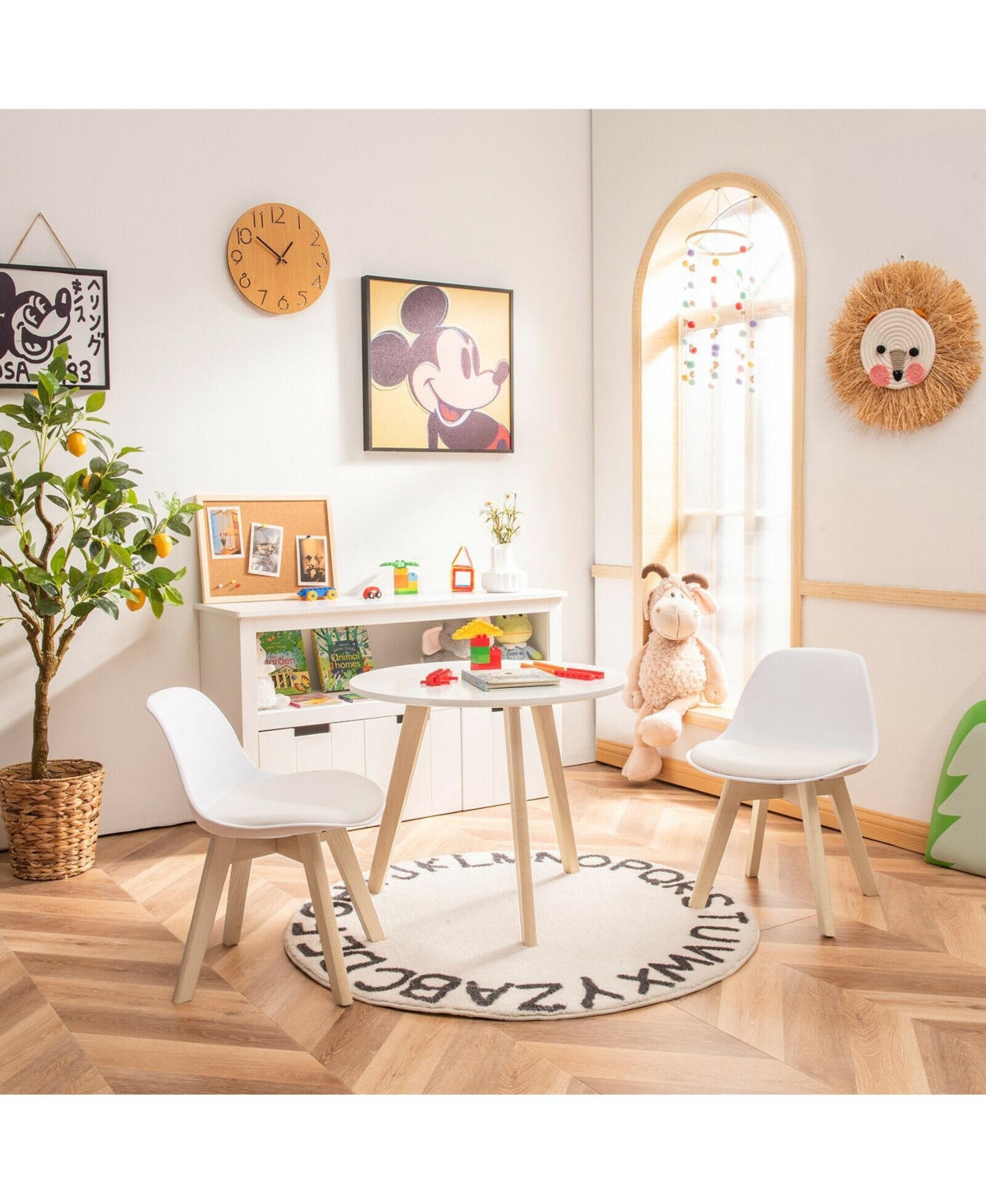 Slickblue Modern Kids Activity Play Table and 2 Chairs Set with Beech Leg Cushion-White