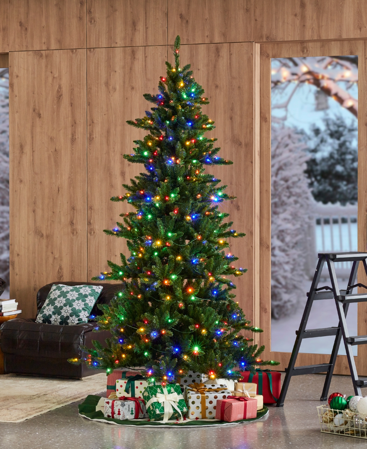 Glitzhome 7.5ft Pre Lit Green Slim Fir Christmas Tree With 400 Light Emitting Diode Lights, 9 Functional Warm In Multi