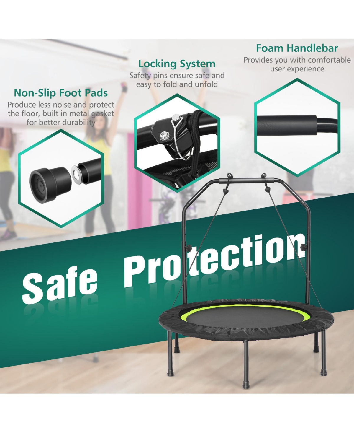 Slickblue 40 Inch Foldable Fitness Rebounder with Resistance Bands Adjustable Home