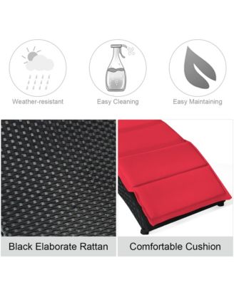 Foldable Rattan Wicker Chaise Lounge Chair w/ Red Cushion Patio Outdoor