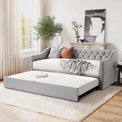 Twin Size Upholstered daybed with Pop Up Trundle