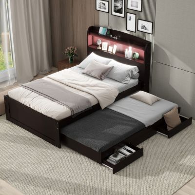 Streamdale Twin XL Bed w/ LED Headboard, Storage, Trundle, Drawers