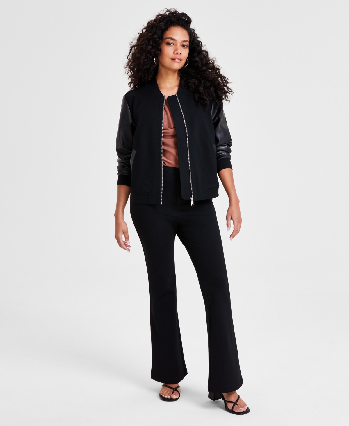Bar Iii Petite Mixed-Media Bomber Jacket, Created for Macy's
