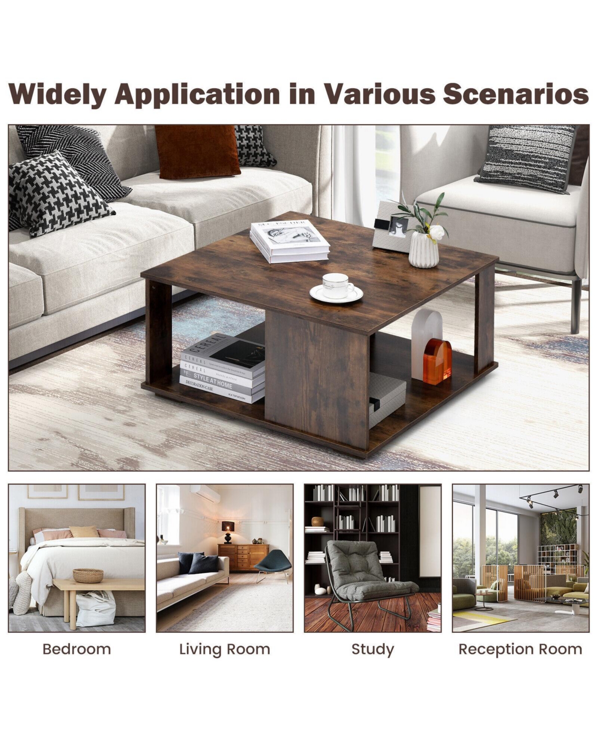 Slickblue 2 Tiers Square Coffee Table with Storage and Non-Slip Foot Pads- Rustic Brown