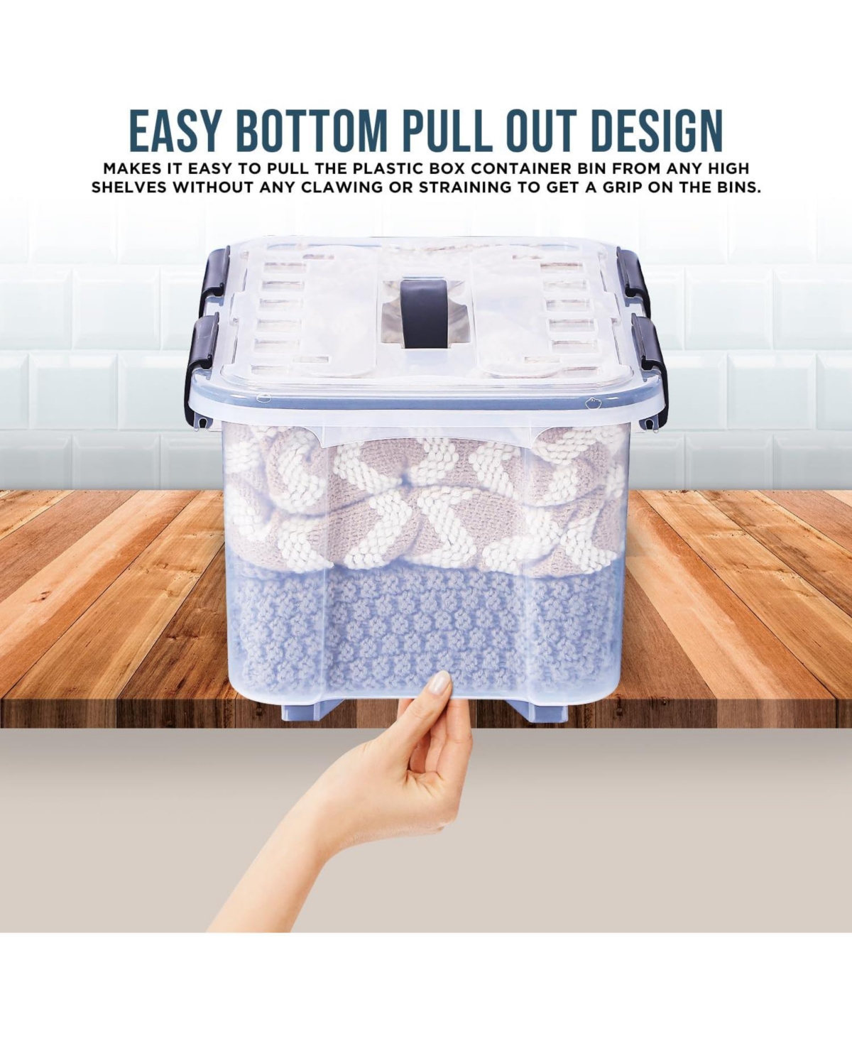 Lifemaster 6-Pack 32QT Stackable Storage Boxes - Clear Plastic with Black Seal, Modular Design, Secure Latches, Easy-Move Wheels & Pull-Out Base for P