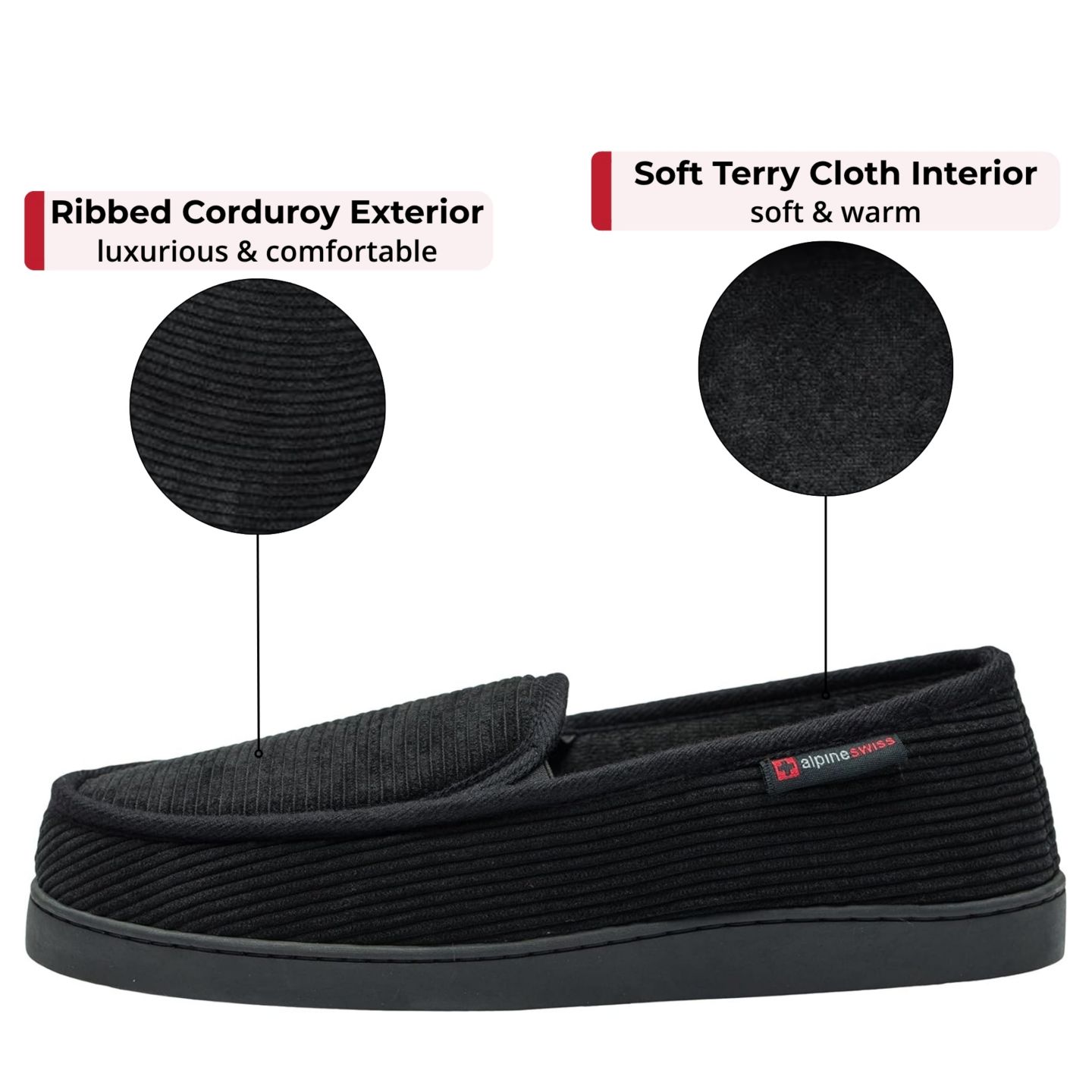 Мужские тапочки Alpine Swiss Wide Slippers Steve Moccasin House Shoes Memory Foam Insole Corduroy Slip-On Terry Lining Indoor Outdoor Non-Slip Rubber Outsole, цвет: Чёрный — фото 12