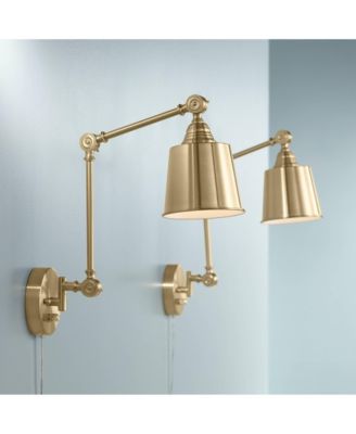Mendes Modern Swing Arm Wall Lamps Set of 2 Brass Gold Plug-in Light Fixture Metal Shade for Bedroom Bedside Living Room Reading House