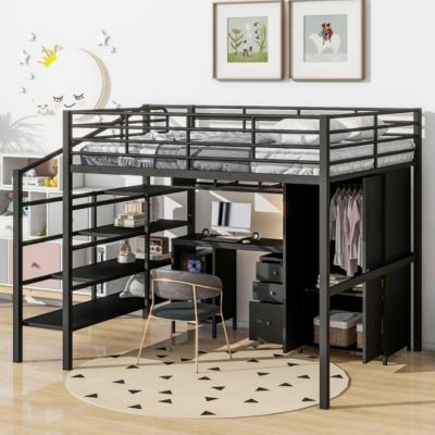 Metal Loft Bed With Table Set And Wardrobe, Full