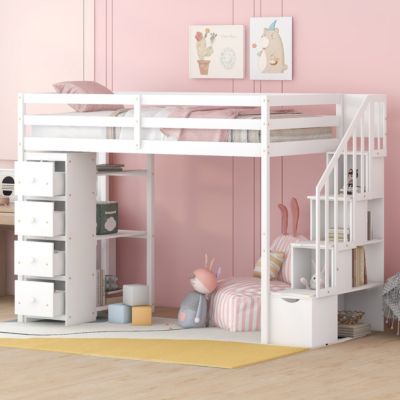 Twin Loft Bed with Drawers & Stairs, Shelves