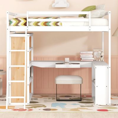 Streamdale Full Size Loft Bed With Ladder, Shelves, And Desk, White