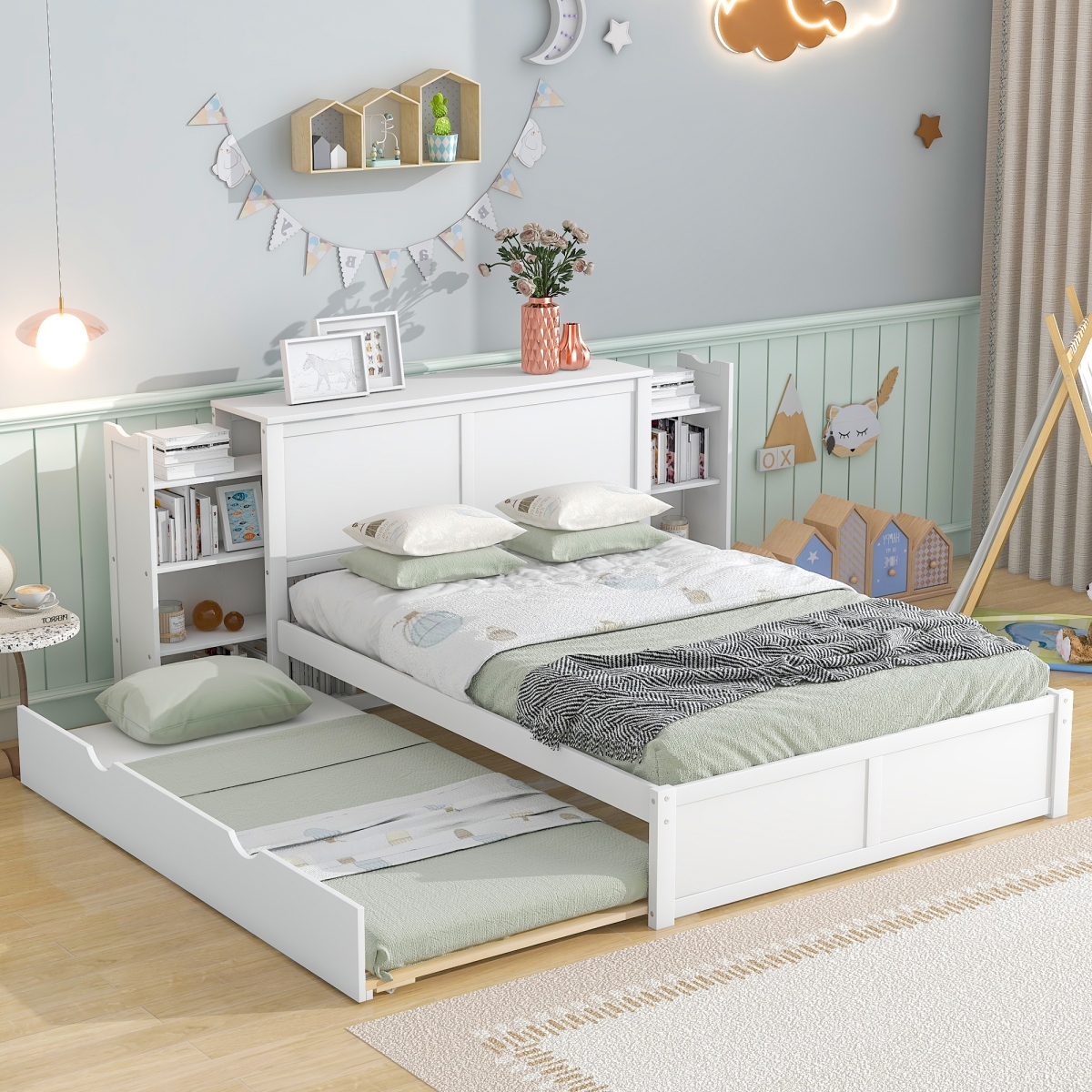 Streamdale Furniture Full Size Storage Platform Bed With Pull Out Shelves And Twin Size Trundle