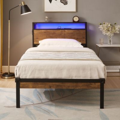 Modern Platform Bed with LED Lights, USB Ports
