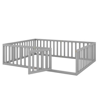 Streamdale Queen Size Wood Floor Bed Frame With Fence And Door