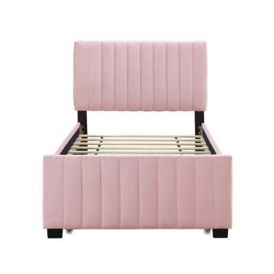 Streamdale Twin Size Velvet Upholstered Platform Bed With Twin Size Trundle, Pink