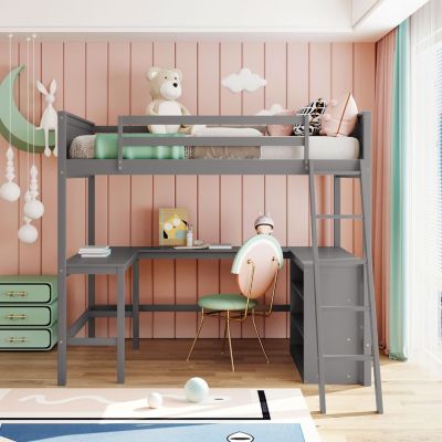 Streamdale Full Size Loft Bed With Shelves And Desk, Wooden Loft Bed With Desk