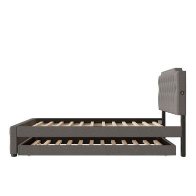 Streamdale Gray Upholstered Queen Platform Bed with Trundle & USB Ports