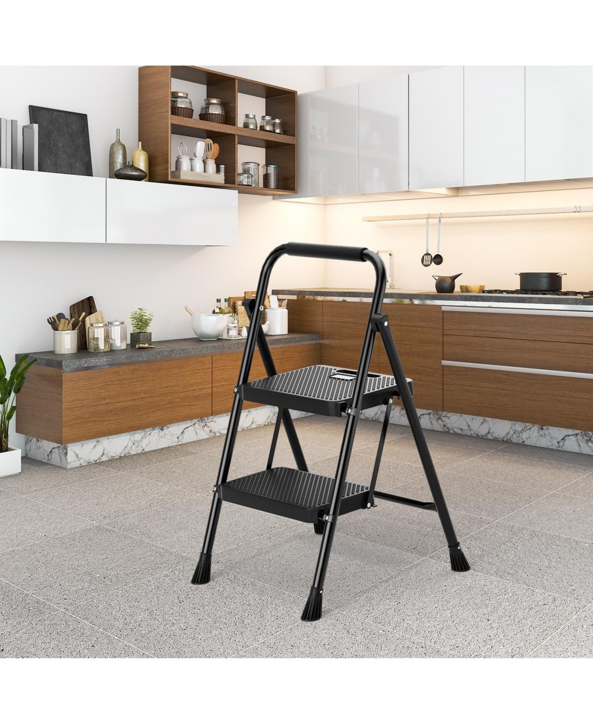 Slickblue Portable Folding 2 Step Ladder with Wide Anti-Slip Pedal- Black