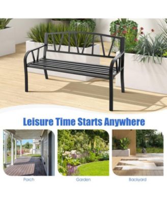 Patio Garden Bench with Metal Frame and Slatted Seat-Black