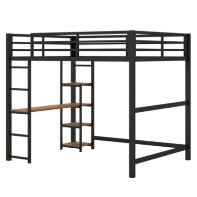 Full Size Metal Loft Bed With Built-In Desk And Storage Shelves