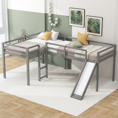 Streamdale L-Shaped Twin Size Loft Bed With Ladder And Slide, Gray